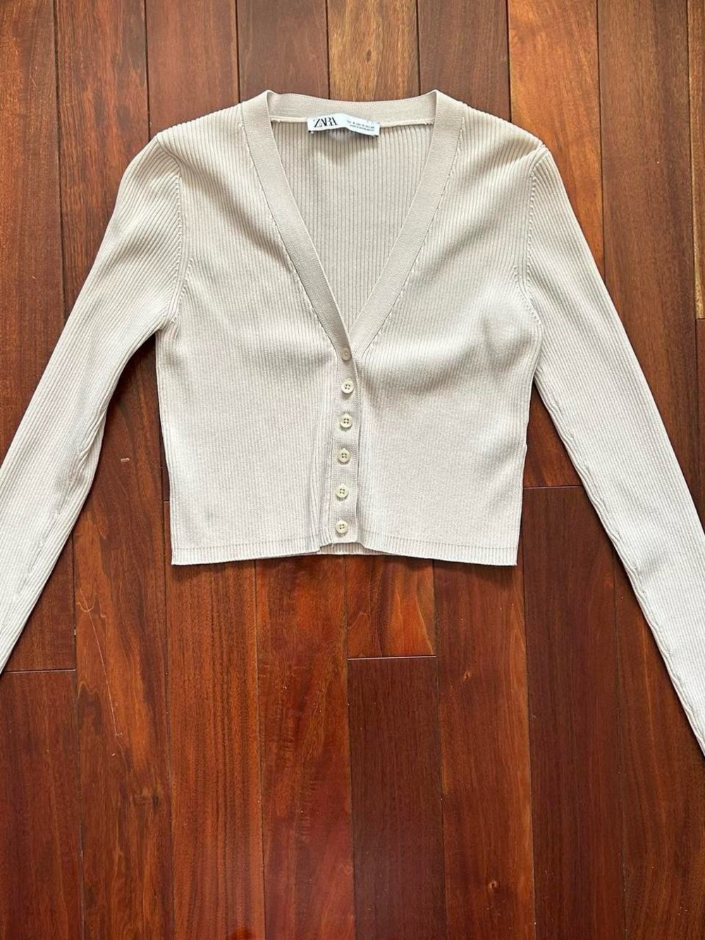 Zara Neutral Beige Ribbed V-Neck Cardigan